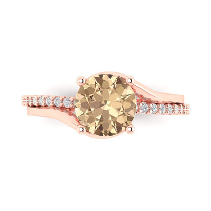 1.71 cttw Yellow Moissanite Solitaire with Zirconia Simulated Diamond Accents Engagement Ring - Solid Rose Gold (VVS1, Round Cut,7.5mm)