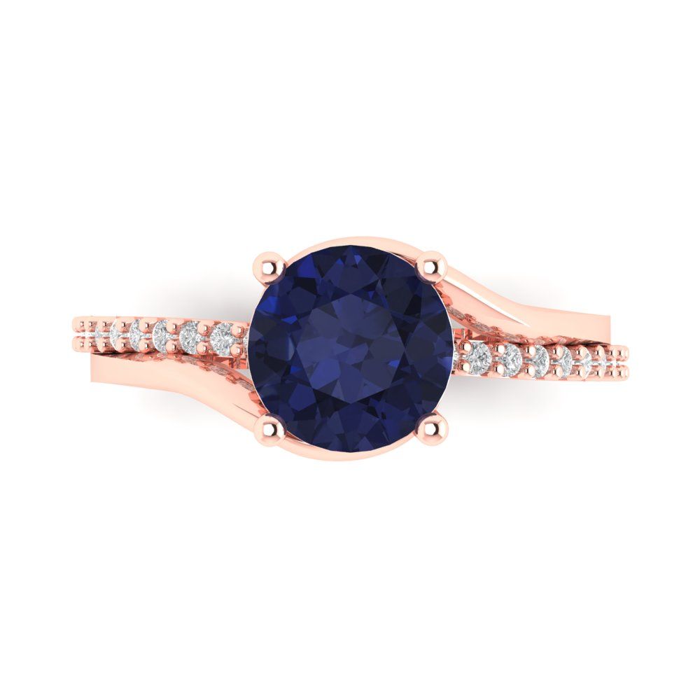 1.71 cttw Simulated Blue Sapphire Solitaire with Zirconia Simulated Diamond Accents Engagement Ring - Solid Rose Gold (VVS1, Round Cut,7.5mm)