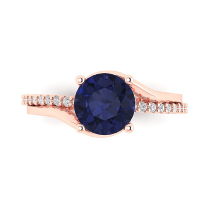 1.71 cttw Simulated Blue Sapphire Solitaire with Zirconia Simulated Diamond Accents Engagement Ring - Solid Rose Gold (VVS1, Round Cut,7.5mm)