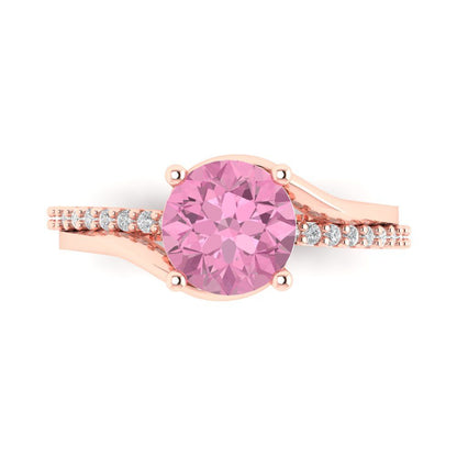 1.71 cttw Zirconia Simulated Pink Diamond Solitaire with Zirconia Simulated Diamond Accents Engagement Ring - Solid Rose Gold (VVS1, Round Cut,7.5mm)