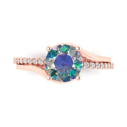 1.71 cttw Blue Moissanite Solitaire with Zirconia Simulated Diamond Accents Engagement Ring - Solid Rose Gold (VVS1, Round Cut,7.5mm)