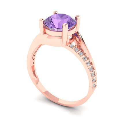 1.71 cttw Simulated Alexandrite Solitaire with Zirconia Simulated Diamond Accents Engagement Ring - Solid Rose Gold (VVS1, Round Cut,7.5mm)