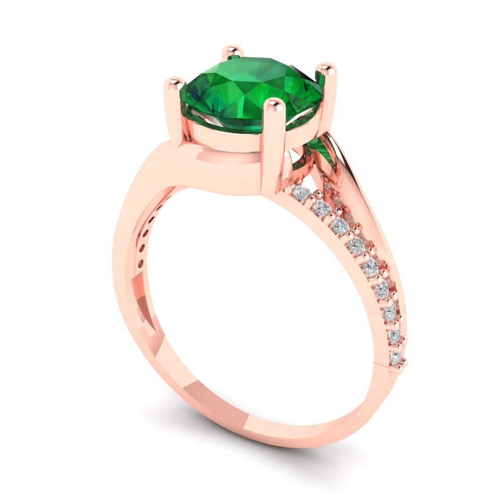 1.71 cttw Simulated Emerald Solitaire with Zirconia Simulated Diamond Accents Engagement Ring - Solid Rose Gold (VVS1, Round Cut,7.5mm)