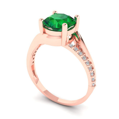 1.71 cttw Simulated Emerald Solitaire with Zirconia Simulated Diamond Accents Engagement Ring - Solid Rose Gold (VVS1, Round Cut,7.5mm)