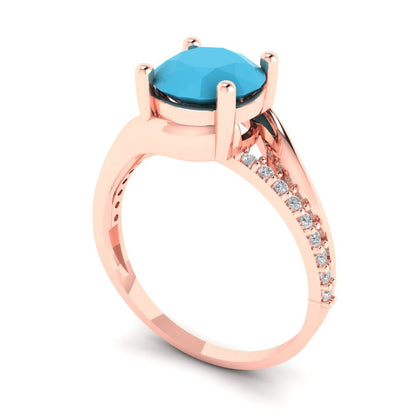 1.71 cttw Simulated Turquoise Solitaire with Zirconia Simulated Diamond Accents Engagement Ring - Solid Rose Gold (VVS1, Round Cut,7.5mm)