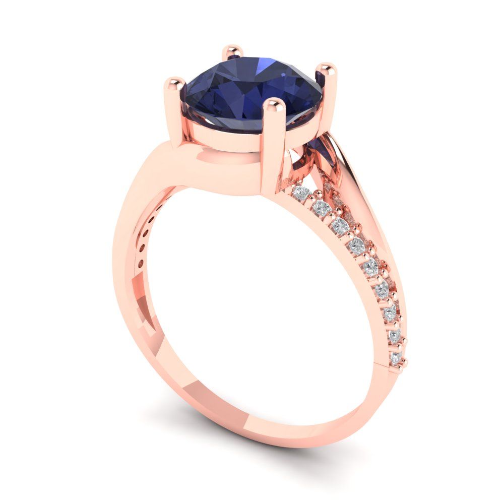 1.71 cttw Simulated Blue Sapphire Solitaire with Zirconia Simulated Diamond Accents Engagement Ring - Solid Rose Gold (VVS1, Round Cut,7.5mm)