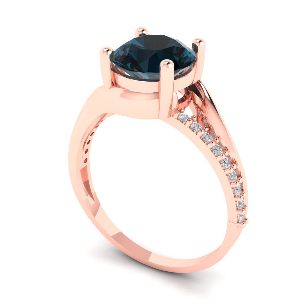 1.71 cttw Natural London Blue Topaz Solitaire with Zirconia Simulated Diamond Accents Engagement Ring - Solid Rose Gold (VVS1, Round Cut,7.5mm)