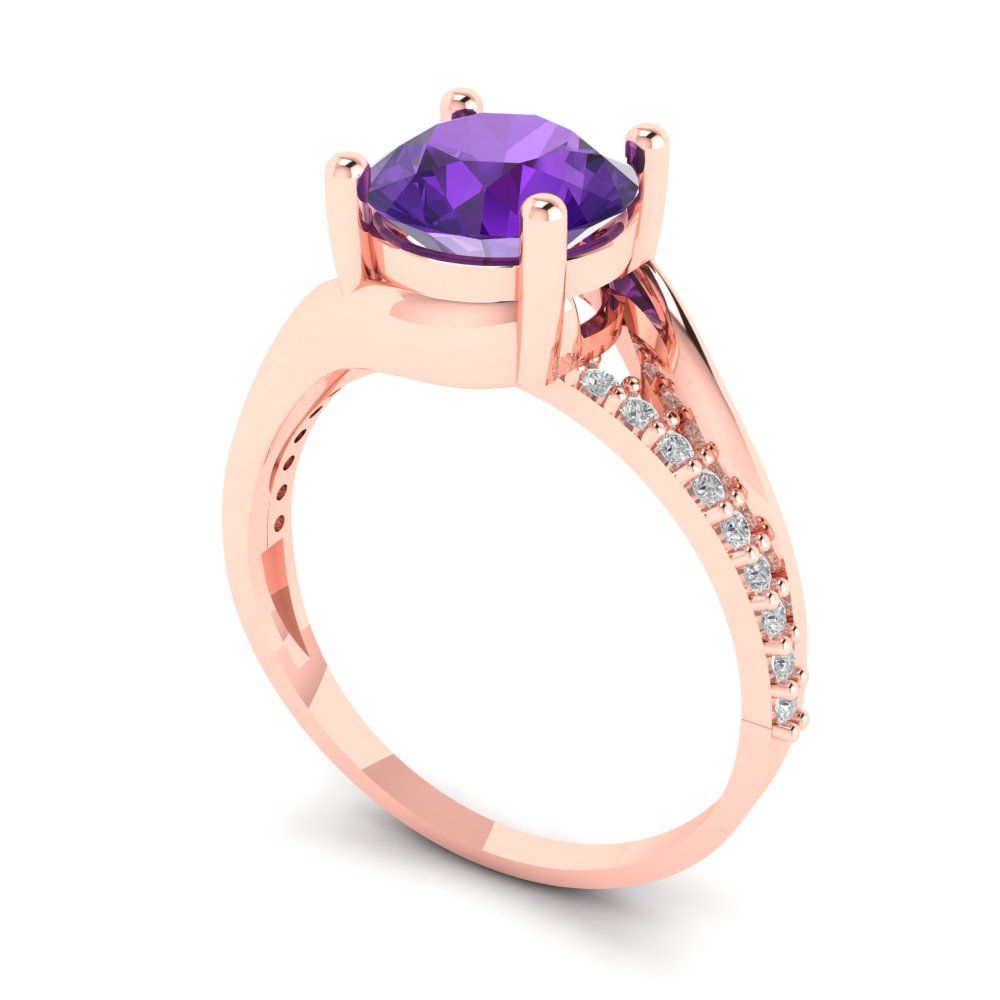 1.71 cttw Natural Amethyst Solitaire with Zirconia Simulated Diamond Accents Engagement Ring - Solid Rose Gold (VVS1, Round Cut,7.5mm)
