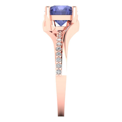 1.71 cttw Simulated Tanzanite Solitaire with Zirconia Simulated Diamond Accents Engagement Ring - Solid Rose Gold (VVS1, Round Cut,7.5mm)