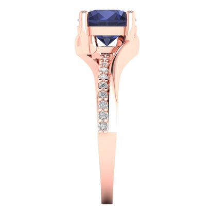 1.71 cttw Simulated Blue Sapphire Solitaire with Zirconia Simulated Diamond Accents Engagement Ring - Solid Rose Gold (VVS1, Round Cut,7.5mm)