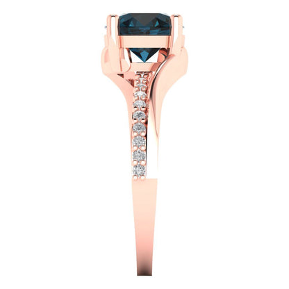 1.71 cttw Natural London Blue Topaz Solitaire with Zirconia Simulated Diamond Accents Engagement Ring - Solid Rose Gold (VVS1, Round Cut,7.5mm)