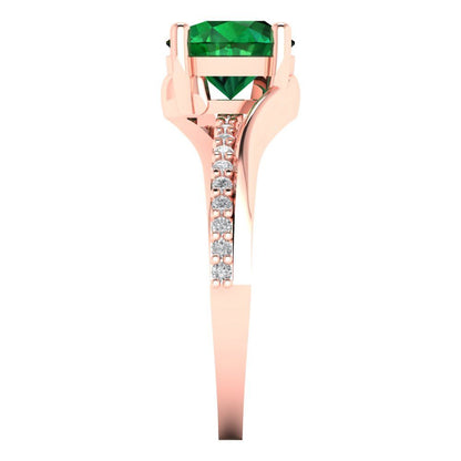 1.71 cttw Simulated Emerald Solitaire with Zirconia Simulated Diamond Accents Engagement Ring - Solid Rose Gold (VVS1, Round Cut,7.5mm)