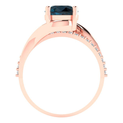 1.71 cttw Natural London Blue Topaz Solitaire with Zirconia Simulated Diamond Accents Engagement Ring - Solid Rose Gold (VVS1, Round Cut,7.5mm)