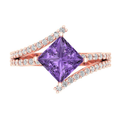 2.3075 cttw Simulated Alexandrite Solitaire with Zirconia Simulated Diamond Accents Engagement Ring - Solid Rose Gold (VVS1, Princess Cut,7.0mm)