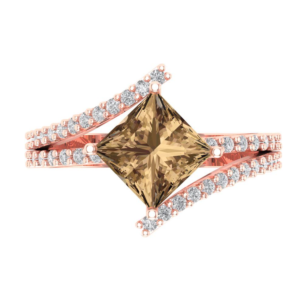 2.3075 cttw Zirconia Simulated Champagne Diamond Solitaire with Zirconia Simulated Diamond Accents Engagement Ring - Solid Rose Gold (VVS1, Princess Cut,7.0mm)