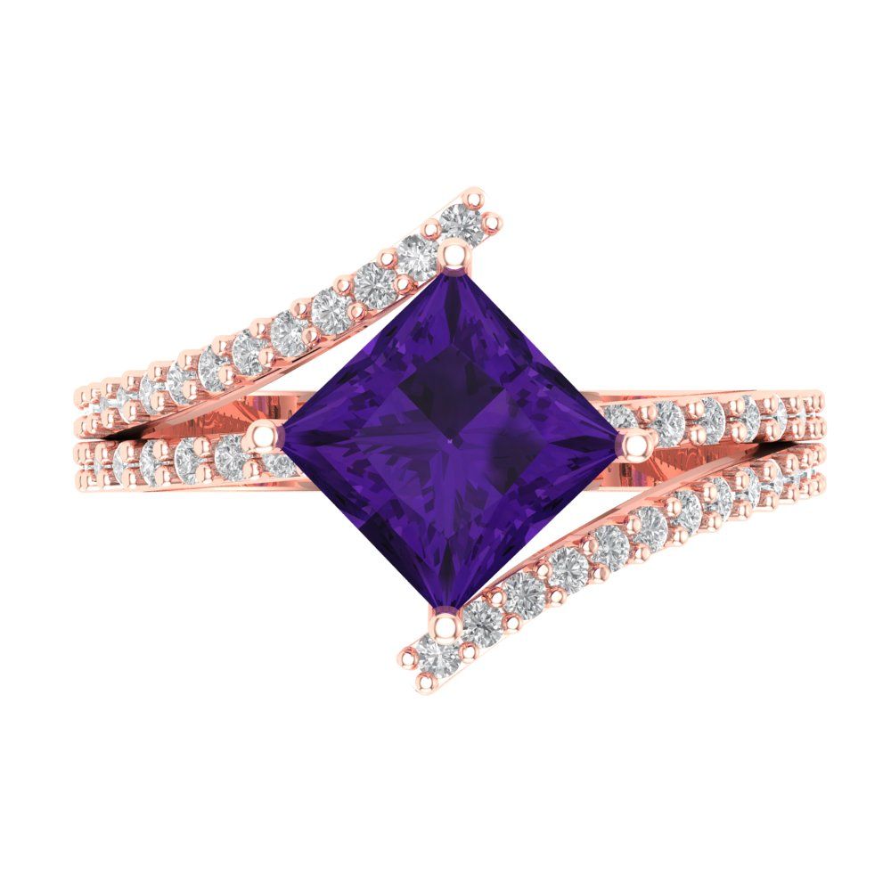 2.3075 cttw Natural Amethyst Solitaire with Zirconia Simulated Diamond Accents Engagement Ring - Solid Rose Gold (VVS1, Princess Cut,7.0mm)
