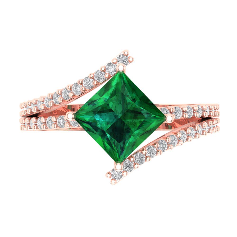2.3075 cttw Simulated Emerald Solitaire with Zirconia Simulated Diamond Accents Engagement Ring - Solid Rose Gold (VVS1, Princess Cut,7.0mm)