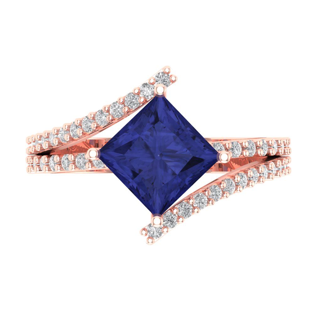 2.3075 cttw Simulated Tanzanite Solitaire with Zirconia Simulated Diamond Accents Engagement Ring - Solid Rose Gold (VVS1, Princess Cut,7.0mm)