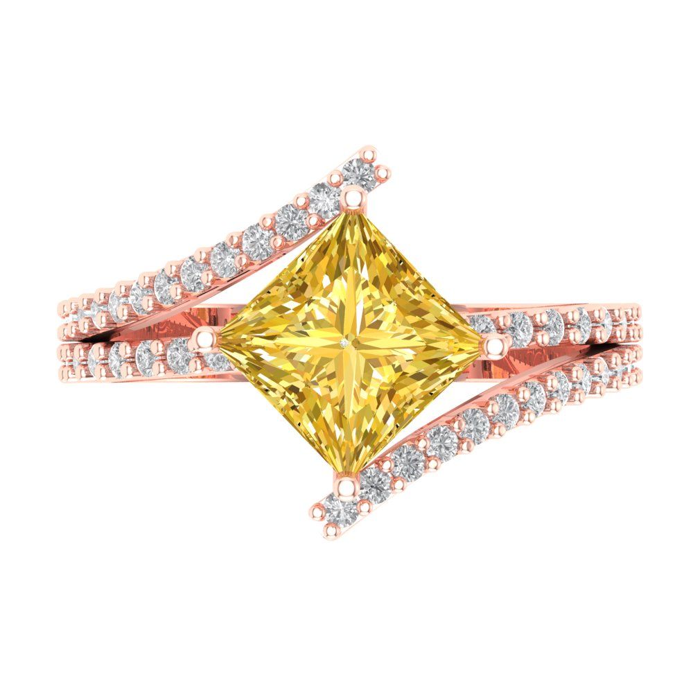 2.3075 cttw Zirconia Simulated Yellow Diamond Solitaire with Zirconia Simulated Diamond Accents Engagement Ring - Solid Rose Gold (VVS1, Princess Cut,7.0mm)