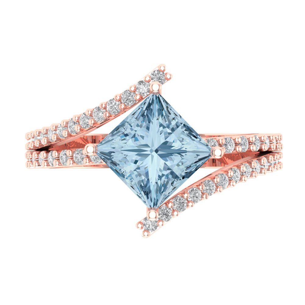 2.3075 cttw Natural Sky Blue Topaz Solitaire with Zirconia Simulated Diamond Accents Engagement Ring - Solid Rose Gold (VVS1, Princess Cut,7.0mm)