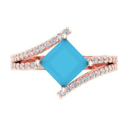 2.3075 cttw Simulated Turquoise Solitaire with Zirconia Simulated Diamond Accents Engagement Ring - Solid Rose Gold (VVS1, Princess Cut,7.0mm)
