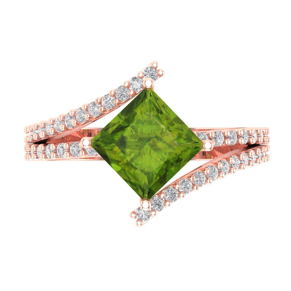 2.3075 cttw Natural Peridot Solitaire with Zirconia Simulated Diamond Accents Engagement Ring - Solid Rose Gold (VVS1, Princess Cut,7.0mm)