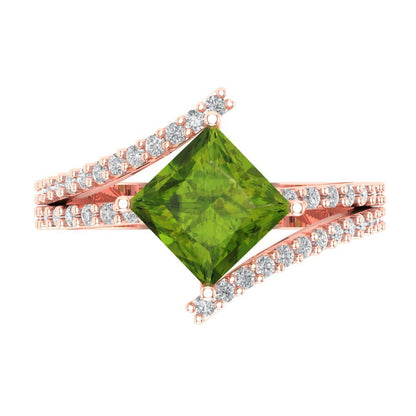 2.3075 cttw Natural Peridot Solitaire with Zirconia Simulated Diamond Accents Engagement Ring - Solid Rose Gold (VVS1, Princess Cut,7.0mm)