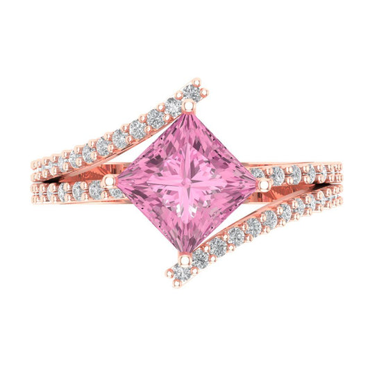 2.3075 cttw Zirconia Simulated Pink Diamond Solitaire with Zirconia Simulated Diamond Accents Engagement Ring - Solid Rose Gold (VVS1, Princess Cut,7.0mm)