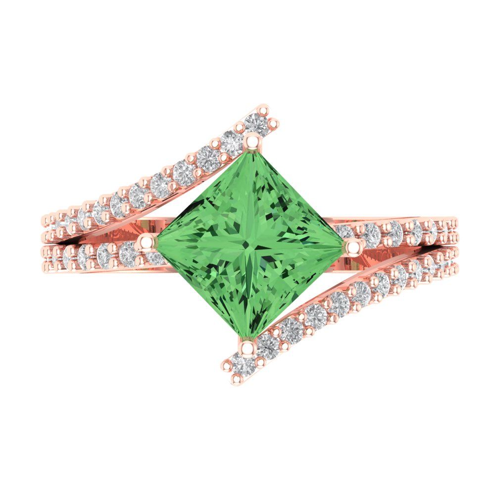 2.3075 cttw Zirconia Simulated Green Diamond Solitaire with Zirconia Simulated Diamond Accents Engagement Ring - Solid Rose Gold (VVS1, Princess Cut,7.0mm)