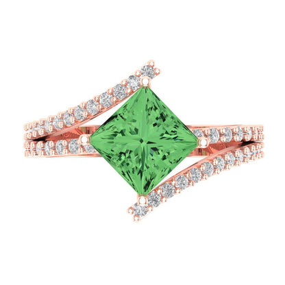 2.3075 cttw Zirconia Simulated Green Diamond Solitaire with Zirconia Simulated Diamond Accents Engagement Ring - Solid Rose Gold (VVS1, Princess Cut,7.0mm)