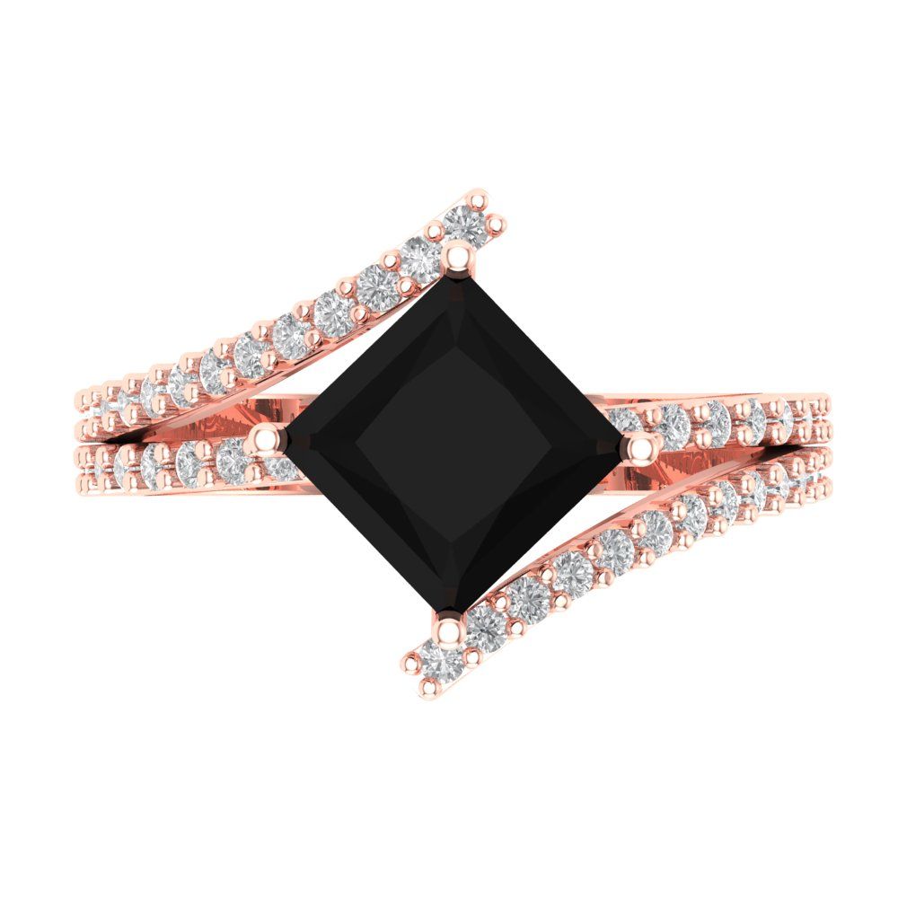 2.3075 cttw Natural Onyx Solitaire with Zirconia Simulated Diamond Accents Engagement Ring - Solid Rose Gold (VVS1, Princess Cut,7.0mm)