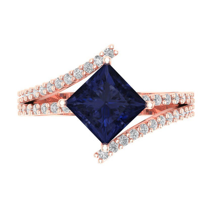 2.3075 cttw Simulated Blue Sapphire Solitaire with Zirconia Simulated Diamond Accents Engagement Ring - Solid Rose Gold (VVS1, Princess Cut,7.0mm)