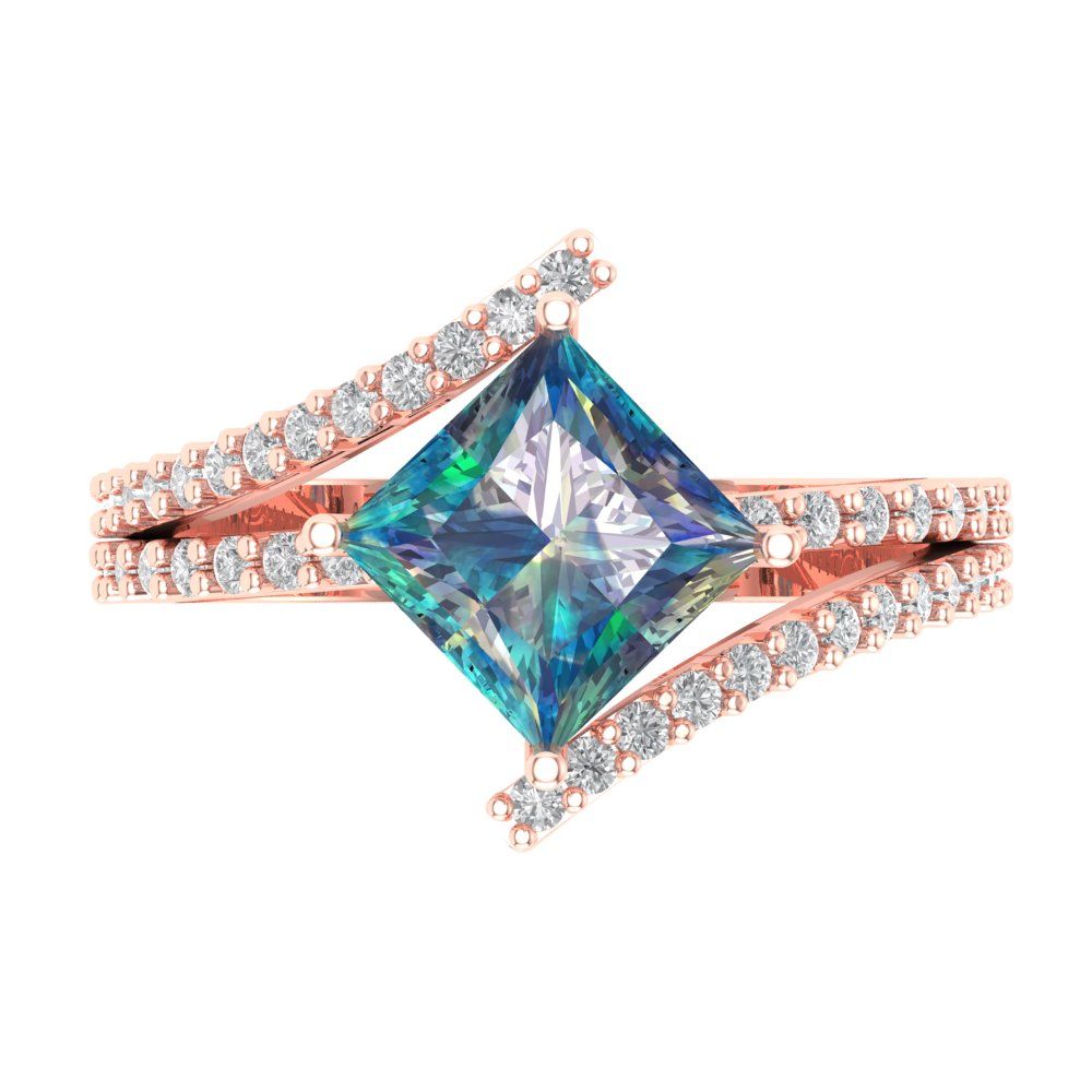 2.3075 cttw Blue Moissanite Solitaire with Zirconia Simulated Diamond Accents Engagement Ring - Solid Rose Gold (VVS1, Princess Cut,7.0mm)