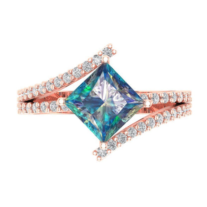 2.3075 cttw Blue Moissanite Solitaire with Zirconia Simulated Diamond Accents Engagement Ring - Solid Rose Gold (VVS1, Princess Cut,7.0mm)