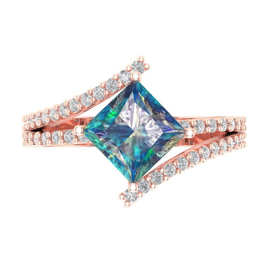 2.3075 cttw Blue Moissanite Solitaire with Zirconia Simulated Diamond Accents Engagement Ring - Solid Rose Gold (VVS1, Princess Cut,7.0mm)