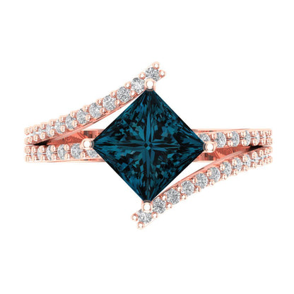 2.3075 cttw Natural London Blue Topaz Solitaire with Zirconia Simulated Diamond Accents Engagement Ring - Solid Rose Gold (VVS1, Princess Cut,7.0mm)