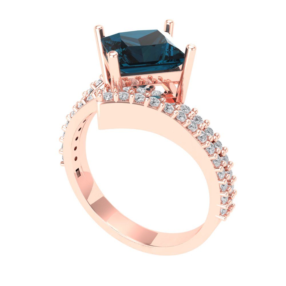 2.3075 cttw Natural London Blue Topaz Solitaire with Zirconia Simulated Diamond Accents Engagement Ring - Solid Rose Gold (VVS1, Princess Cut,7.0mm)