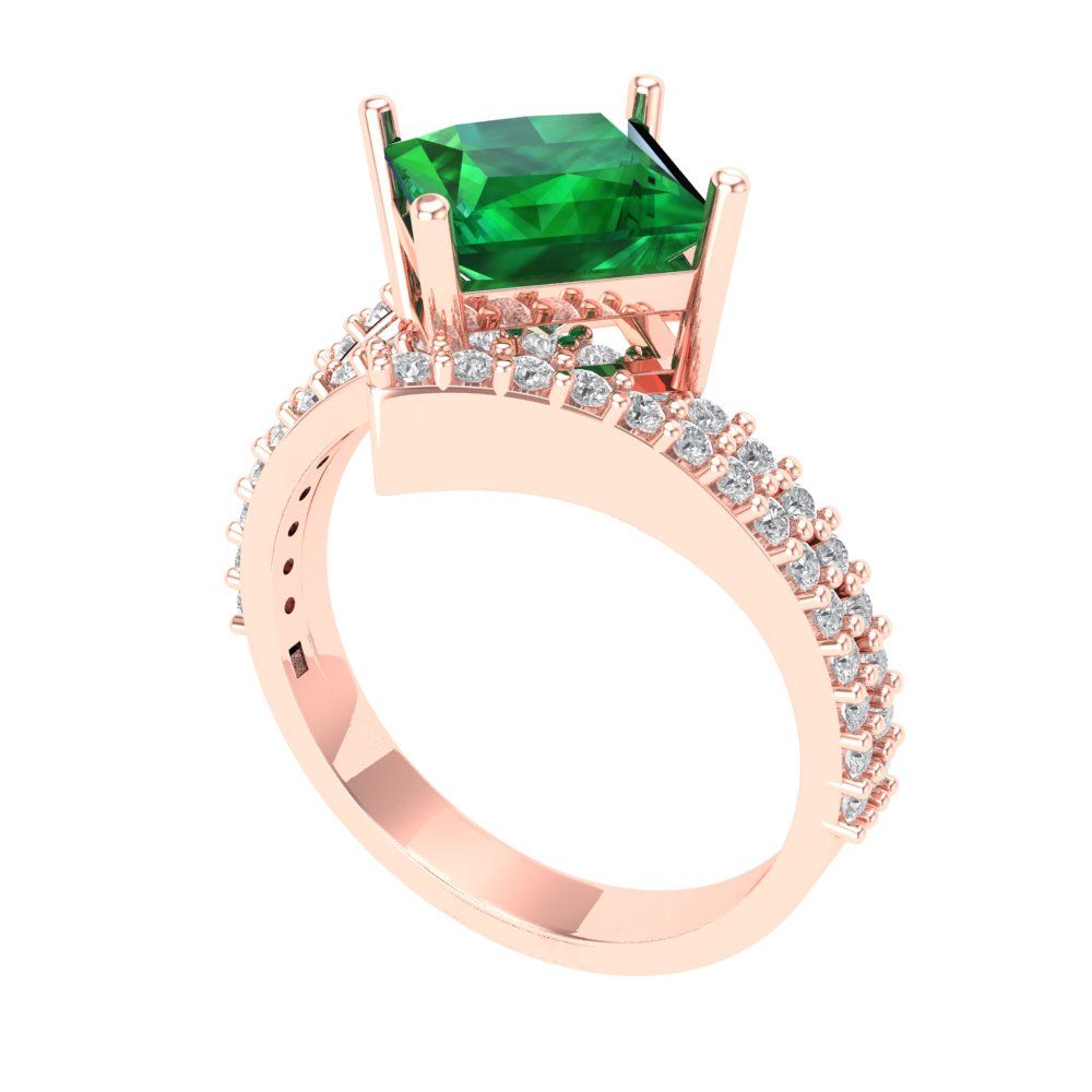 2.3075 cttw Simulated Emerald Solitaire with Zirconia Simulated Diamond Accents Engagement Ring - Solid Rose Gold (VVS1, Princess Cut,7.0mm)