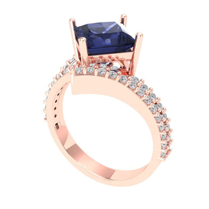 2.3075 cttw Simulated Blue Sapphire Solitaire with Zirconia Simulated Diamond Accents Engagement Ring - Solid Rose Gold (VVS1, Princess Cut,7.0mm)