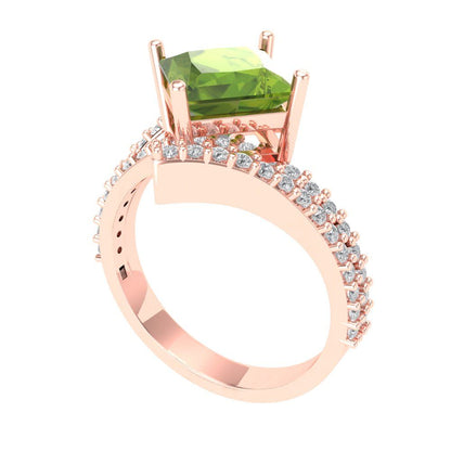 2.3075 cttw Natural Peridot Solitaire with Zirconia Simulated Diamond Accents Engagement Ring - Solid Rose Gold (VVS1, Princess Cut,7.0mm)