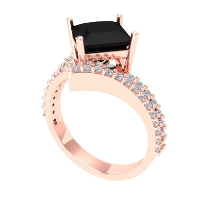 2.3075 cttw Natural Onyx Solitaire with Zirconia Simulated Diamond Accents Engagement Ring - Solid Rose Gold (VVS1, Princess Cut,7.0mm)