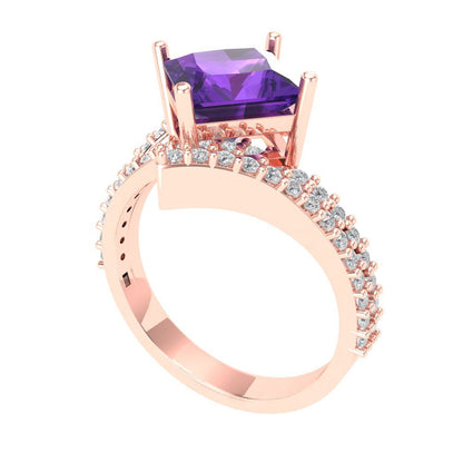 2.3075 cttw Natural Amethyst Solitaire with Zirconia Simulated Diamond Accents Engagement Ring - Solid Rose Gold (VVS1, Princess Cut,7.0mm)