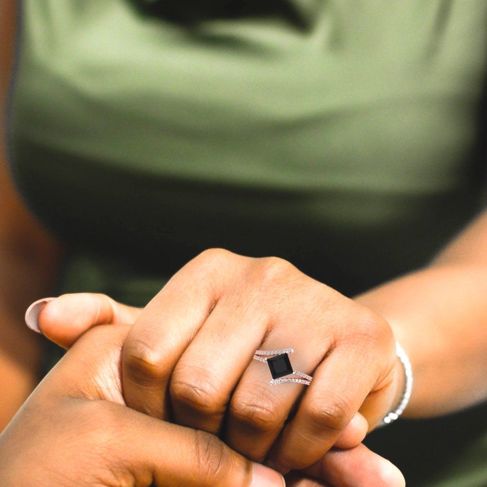 2.3075 cttw Natural Onyx Solitaire with Zirconia Simulated Diamond Accents Engagement Ring - Solid Rose Gold (VVS1, Princess Cut,7.0mm)