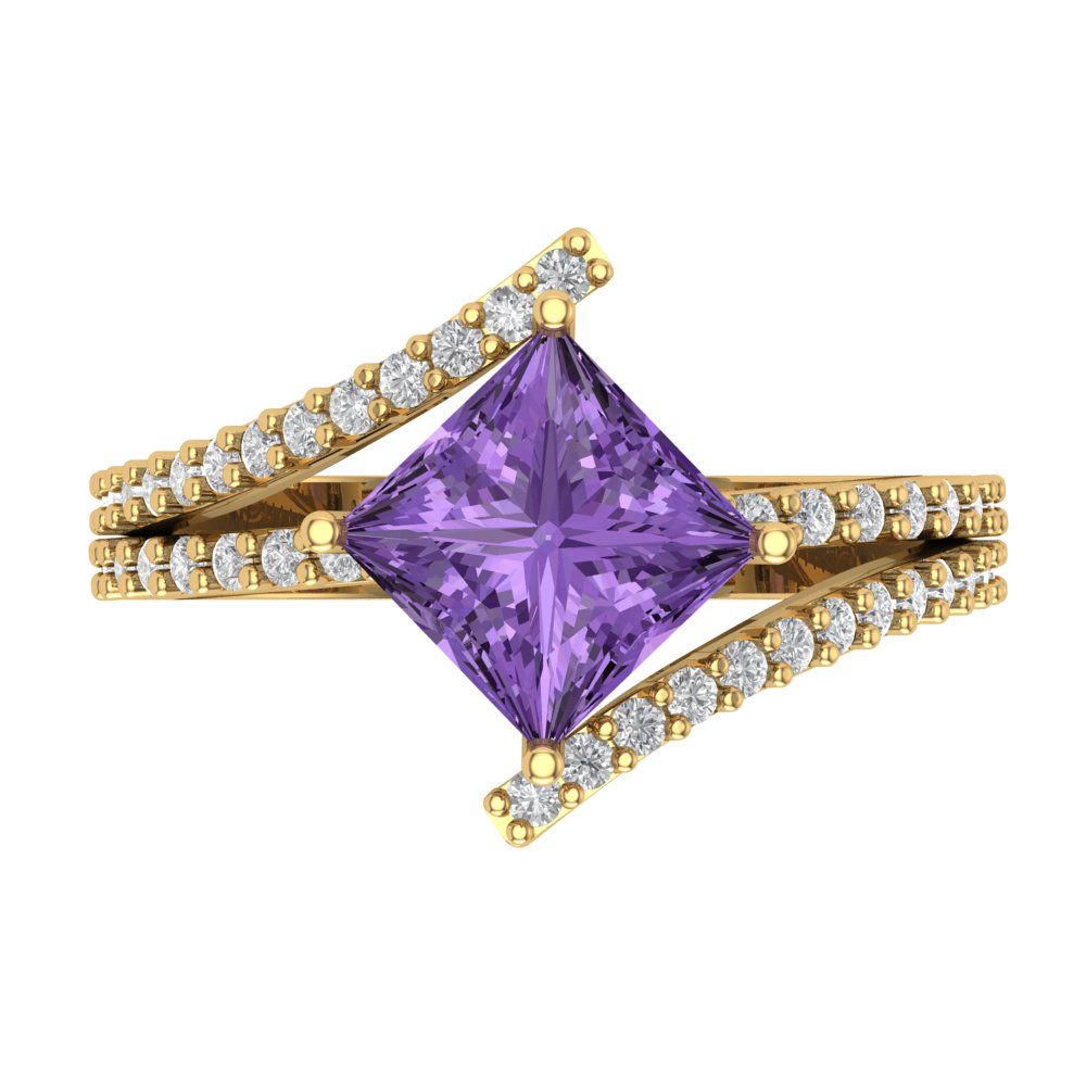 2.3075 cttw Simulated Alexandrite Solitaire with Zirconia Simulated Diamond Accents Engagement Ring - Solid Yellow Gold (VVS1, Princess Cut,7.0mm)