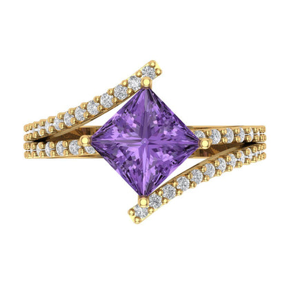 2.3075 cttw Simulated Alexandrite Solitaire with Zirconia Simulated Diamond Accents Engagement Ring - Solid Yellow Gold (VVS1, Princess Cut,7.0mm)