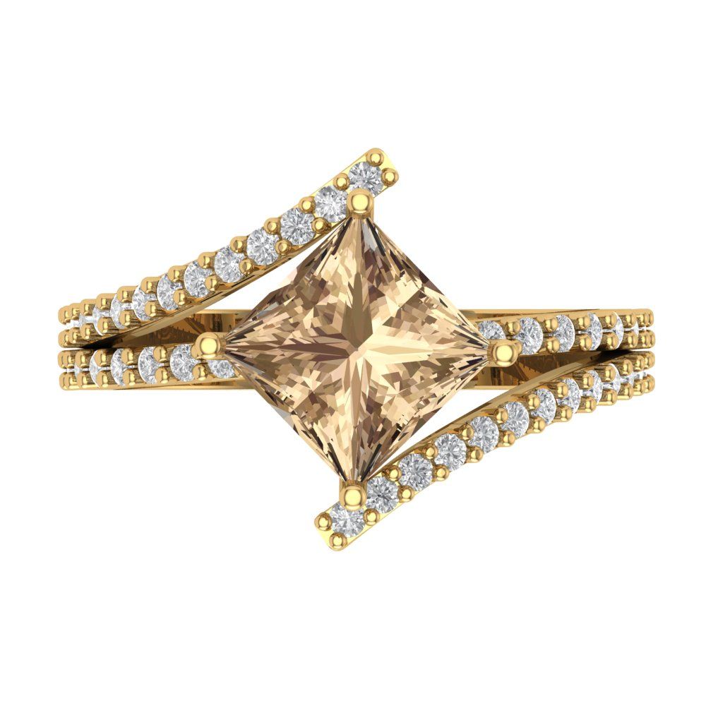 2.3075 cttw Yellow Moissanite Solitaire with Zirconia Simulated Diamond Accents Engagement Ring - Solid Yellow Gold (VVS1, Princess Cut,7.0mm)