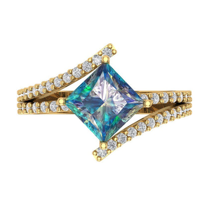 2.3075 cttw Blue Moissanite Solitaire with Zirconia Simulated Diamond Accents Engagement Ring - Solid Yellow Gold (VVS1, Princess Cut,7.0mm)