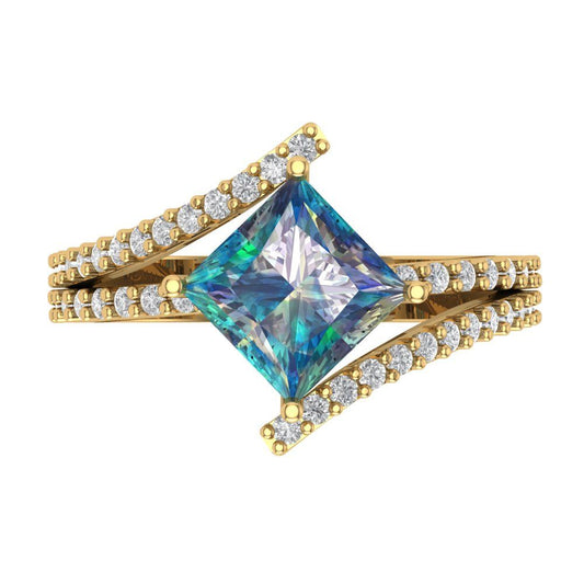 2.3075 cttw Blue Moissanite Solitaire with Zirconia Simulated Diamond Accents Engagement Ring - Solid Yellow Gold (VVS1, Princess Cut,7.0mm)