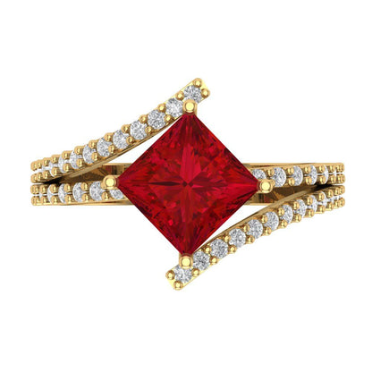 2.3075 cttw Simulated Ruby Solitaire with Zirconia Simulated Diamond Accents Engagement Ring - Solid Yellow Gold (VVS1, Princess Cut,7.0mm)