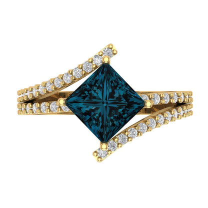 2.3075 cttw Natural London Blue Topaz Solitaire with Zirconia Simulated Diamond Accents Engagement Ring - Solid Yellow Gold (VVS1, Princess Cut,7.0mm)